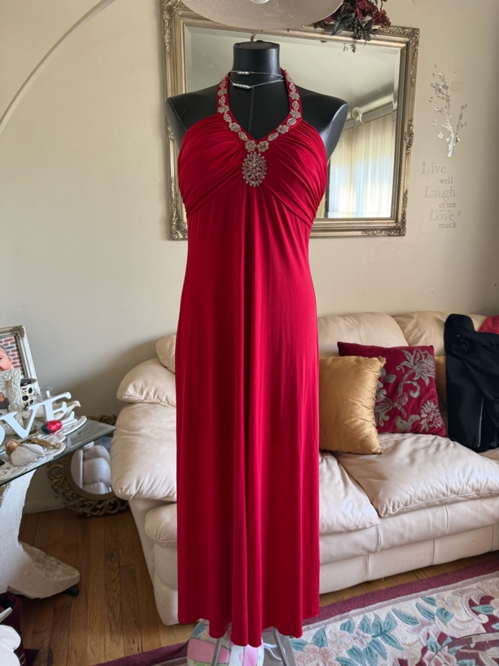 Spense Red Halter Maxi Dress with Jeweled Halter